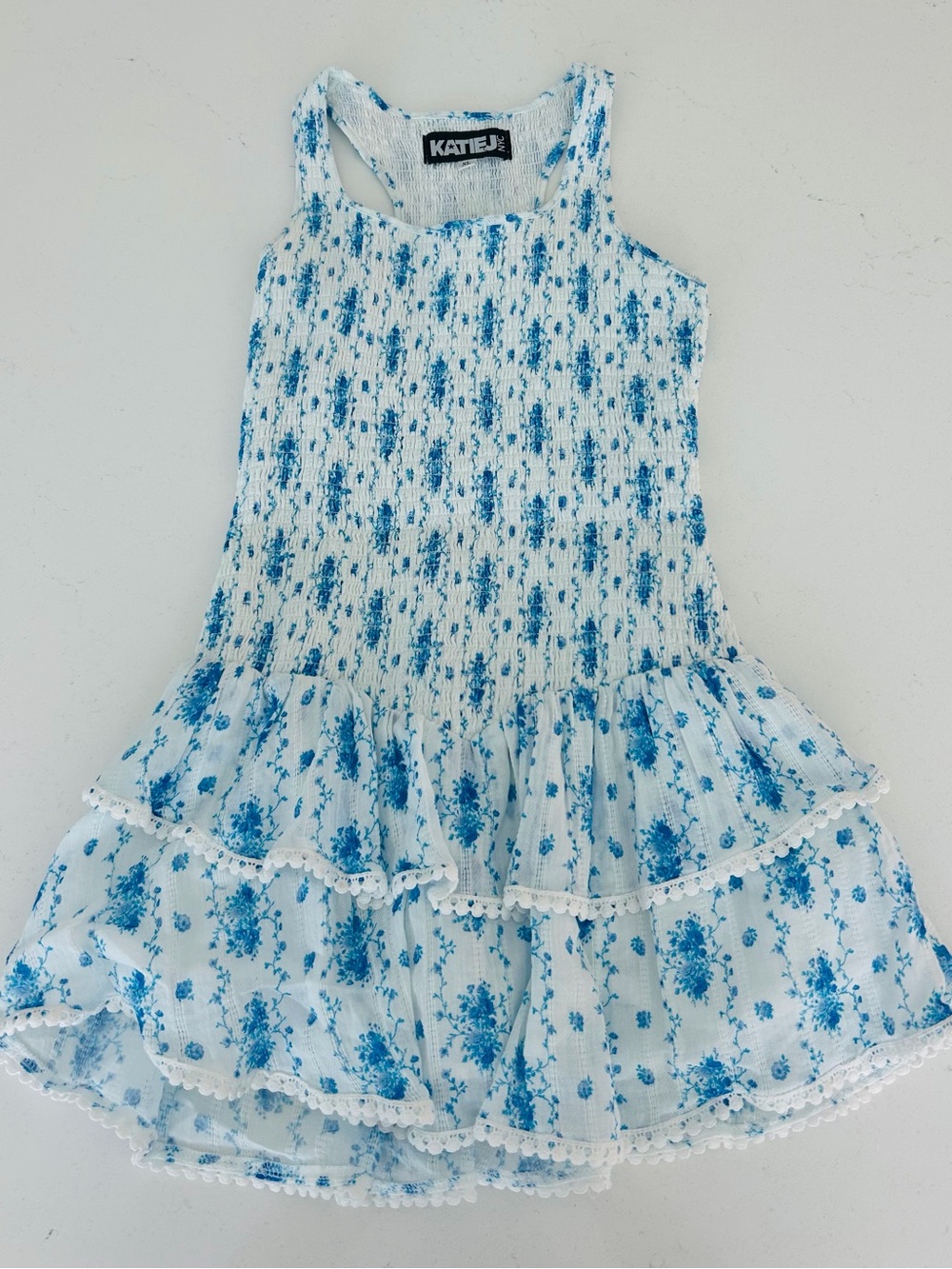 Katie J NYC White Dress with Blue Floral Ruffles